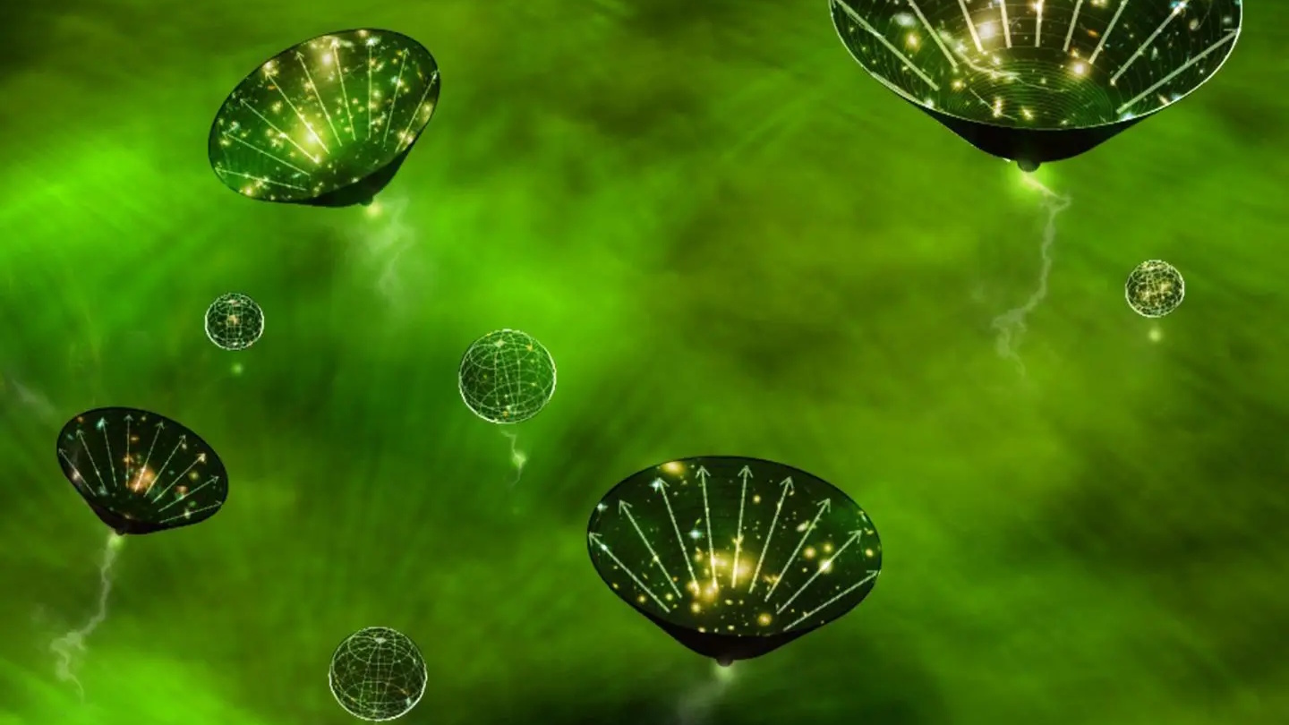 Green glowing orbs and funnel-shaped structures with light patterns floating in a vibrant green misty background.