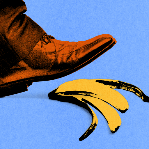 A foot in a brown shoe stepping on a banana peel against a blue background, illustrating one of the humorous fixes for success.
