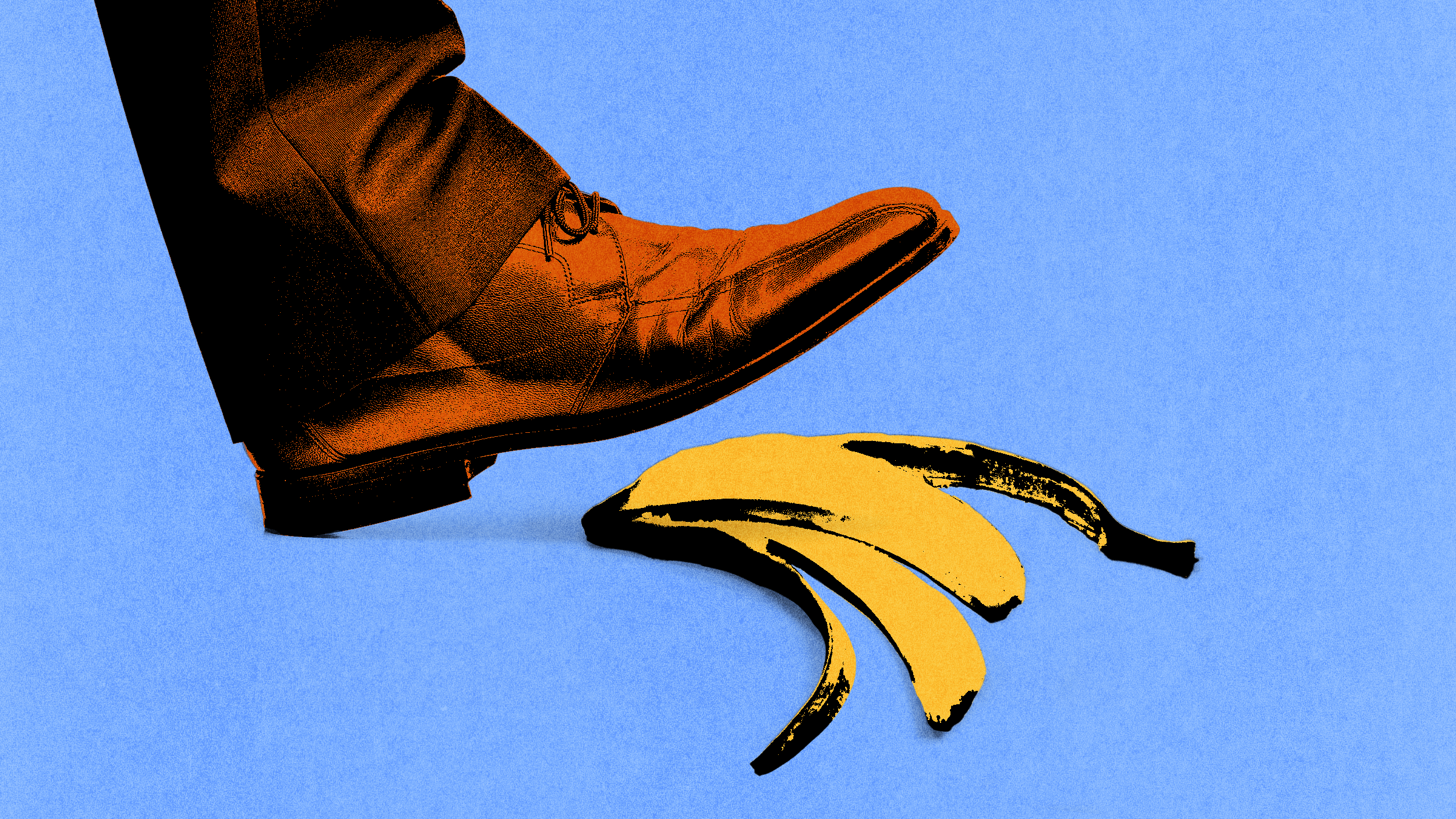 A foot in a brown shoe stepping on a banana peel against a blue background, illustrating one of the humorous fixes for success.