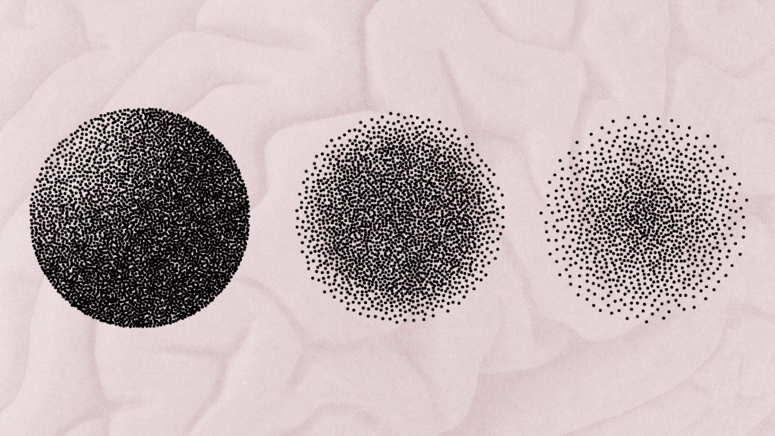 Three circles formed by dots of varying density, from high on the left to low on the right, evoke a sense of balance in their abstract environment against a light background.