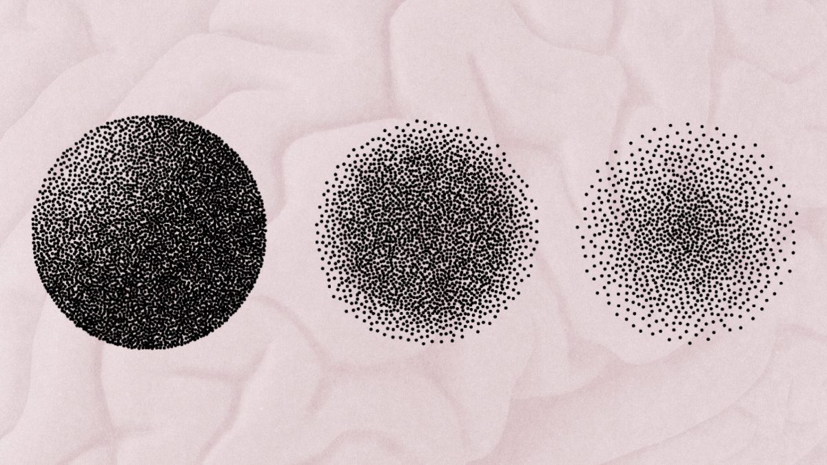 Three circles formed by dots of varying density, from high on the left to low on the right, evoke a sense of balance in their abstract environment against a light background.