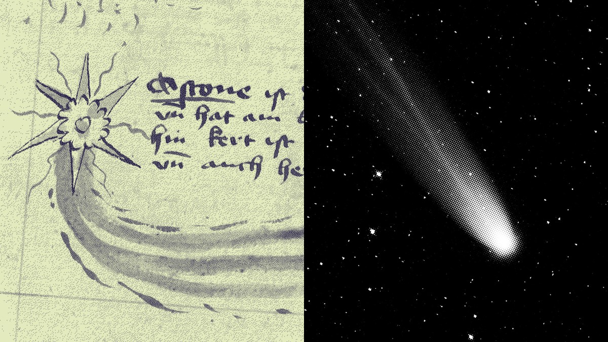 Illustration of a comet from an old manuscript on the left, and a black and white image of a comet in space on the right.