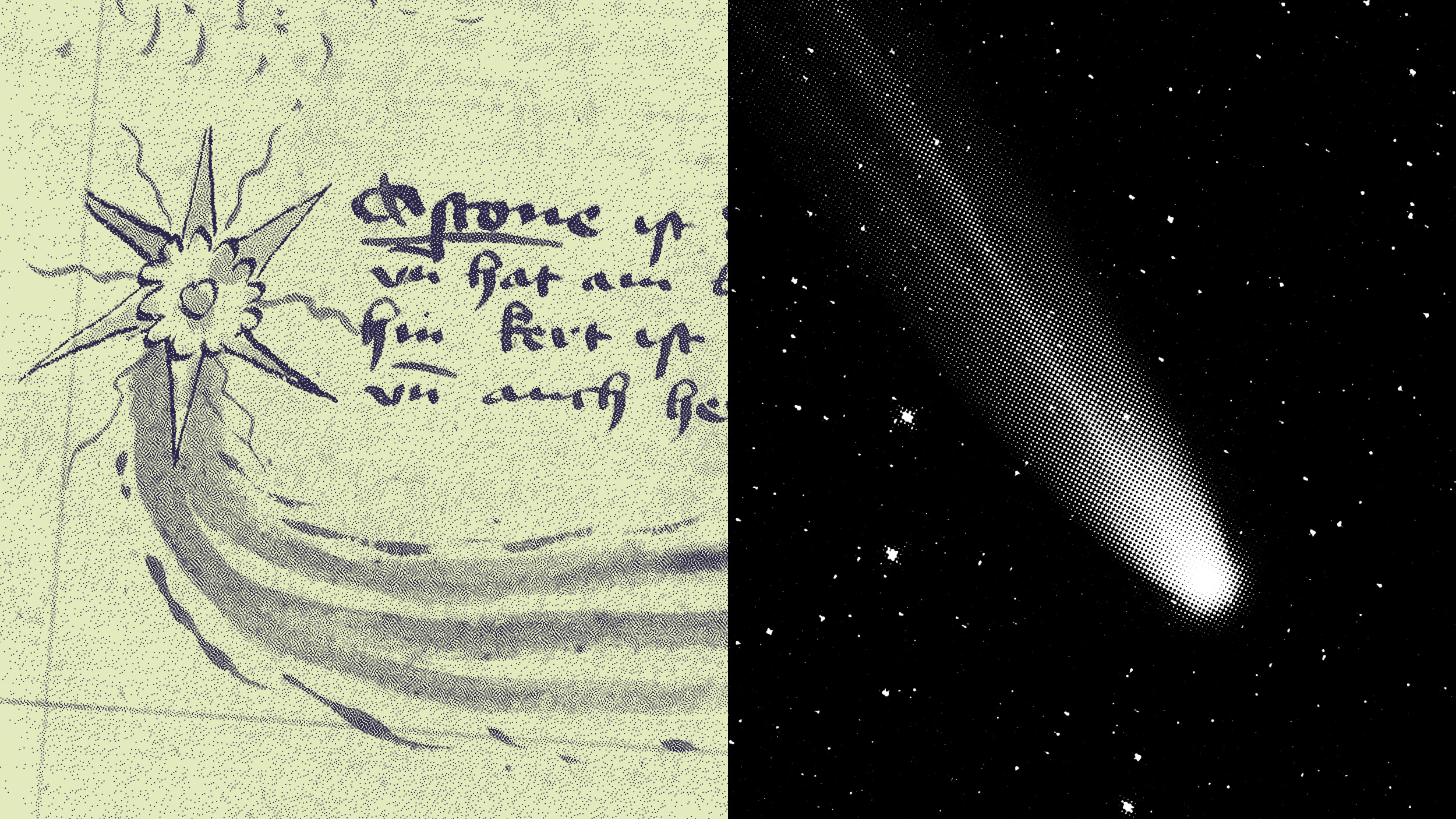 Illustration of a comet from an old manuscript on the left, and a black and white image of a comet in space on the right.