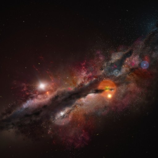 Colorful galaxy with dark dust lanes and bright stars, set against a deep space background.