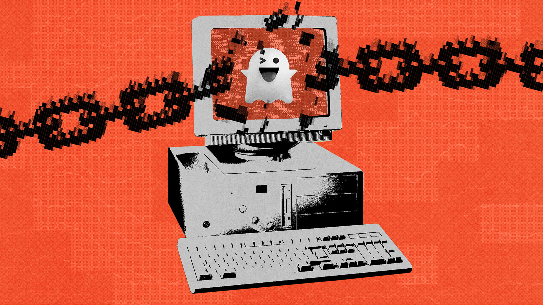 A retro computer displays a ghost on the screen as pixelated chains drift across the foreground, reminiscent of a scene from a Ken Liu short story. This digital haunt unfolds against a vivid orange background.