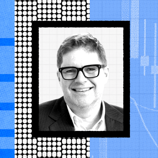 A grayscale portrait of a smiling person wearing glasses, exuding Warren Buffett wisdom, is centered within graphic elements featuring blue stripes and charts.