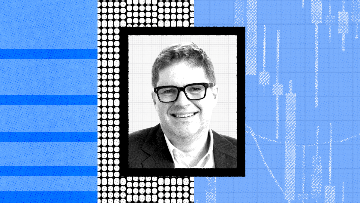 A grayscale portrait of a smiling person wearing glasses, exuding Warren Buffett wisdom, is centered within graphic elements featuring blue stripes and charts.