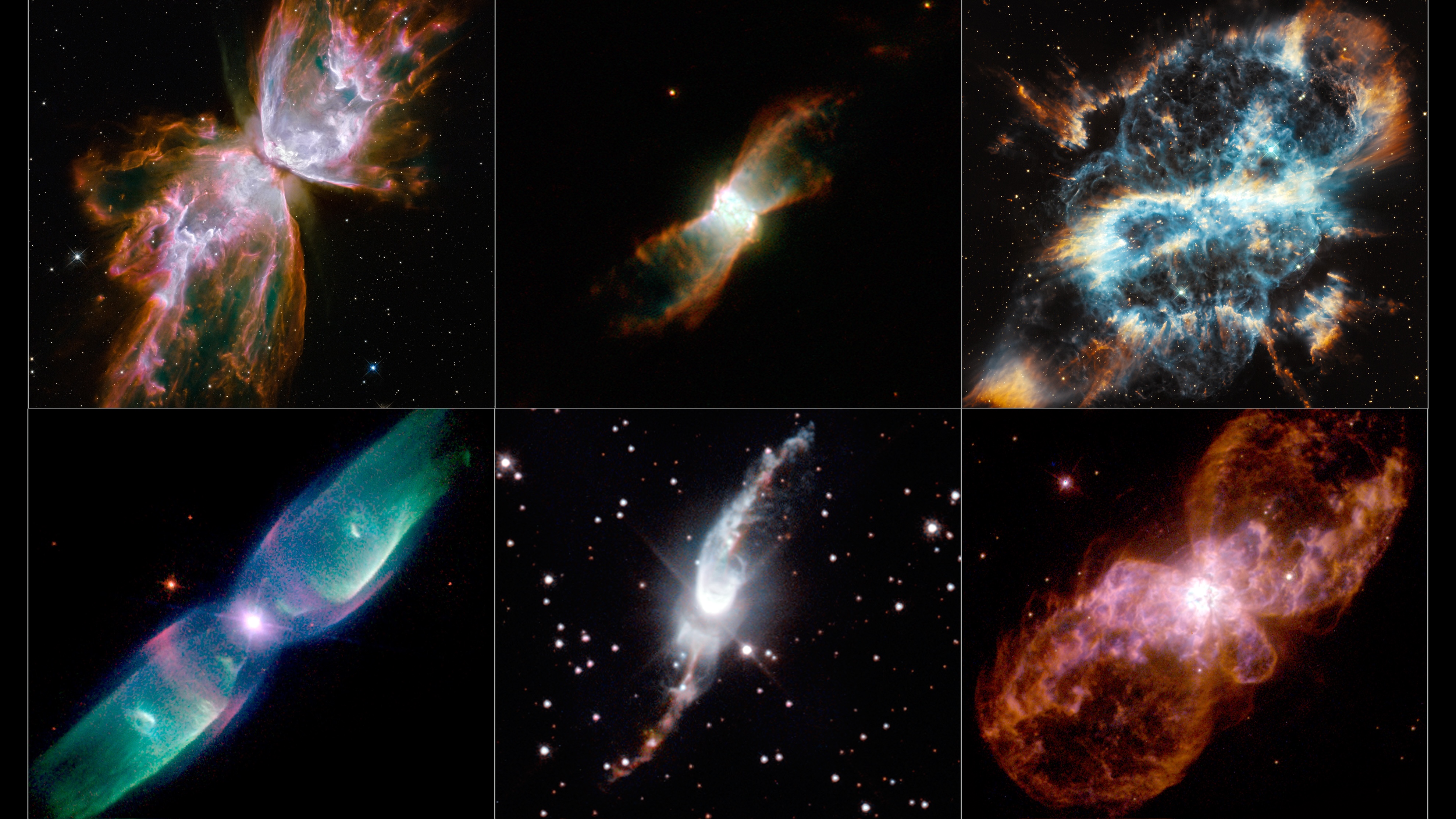 A grid of six Hubble Space Telescope images showcases different types of colorful nebulae with intricate shapes against a starry backdrop.