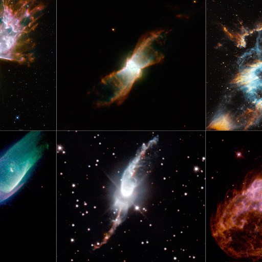 A grid of six Hubble Space Telescope images showcases different types of colorful nebulae with intricate shapes against a starry backdrop.