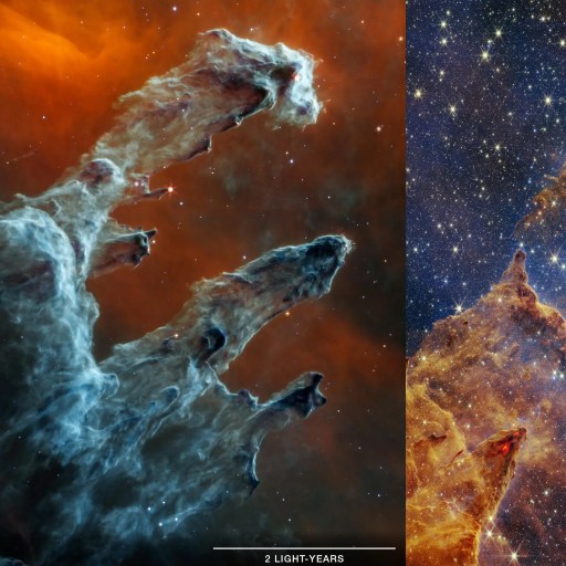 Two side-by-side images of the Pillars of Creation in the Eagle Nebula showcase different views with vibrant colors and star-filled backgrounds, embodying the great paradox of beauty within science.