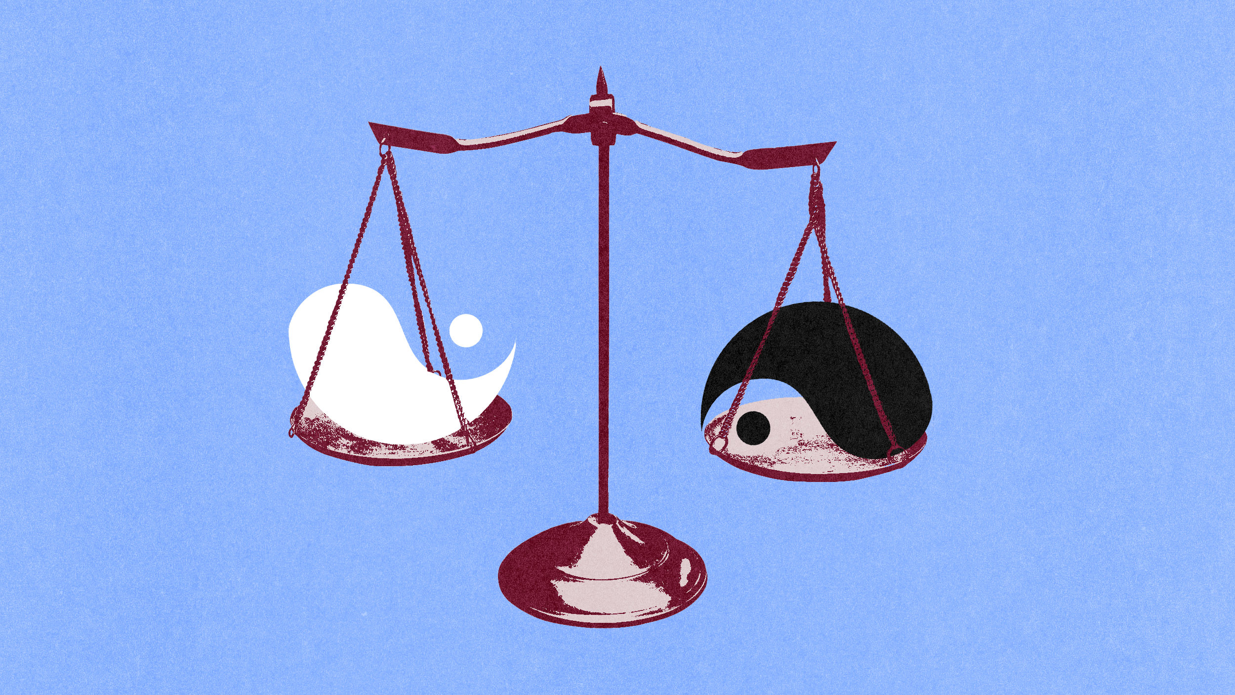 Illustration of a balance scale with a white yin-yang symbol on the left and a black yin-yang symbol on the right, both slightly tilted. The background is light blue.