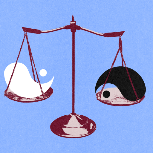 Illustration of a balance scale with a white yin-yang symbol on the left and a black yin-yang symbol on the right, both slightly tilted. The background is light blue.