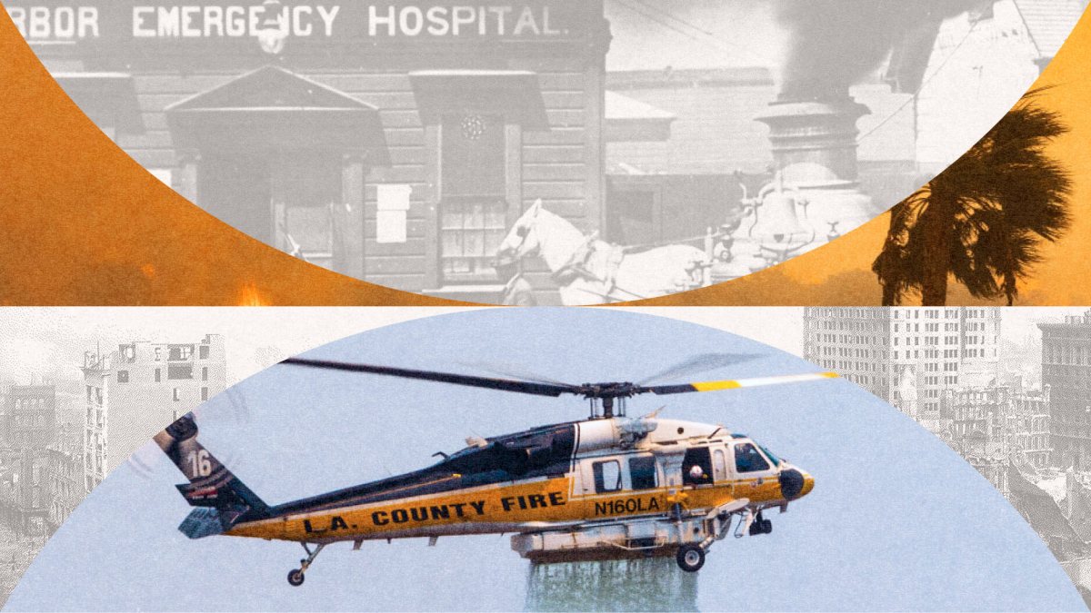 Collage featuring a historical emergency hospital photo, a palm tree silhouette, and an L.A. County fire helicopter soaring above the cityscape—a testament to build better, resilient urban landscapes.