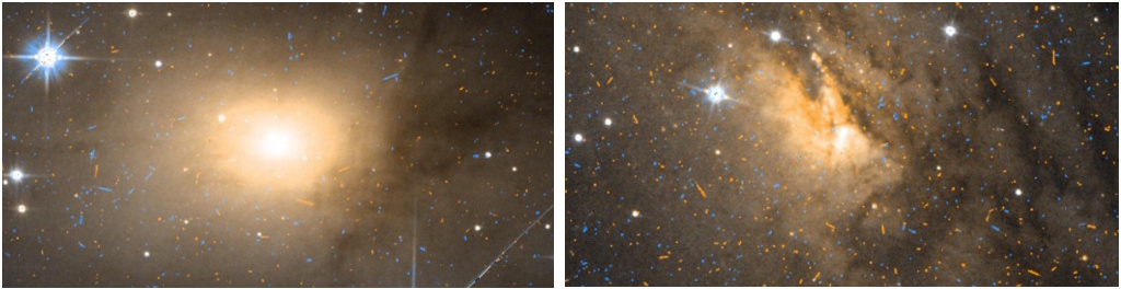 Two images showcase a galaxy with a bright central region and scattered stars. The second image reveals a dusty spiral pattern near the center, hinting at the mysterious zone of avoidance where light struggles to penetrate.