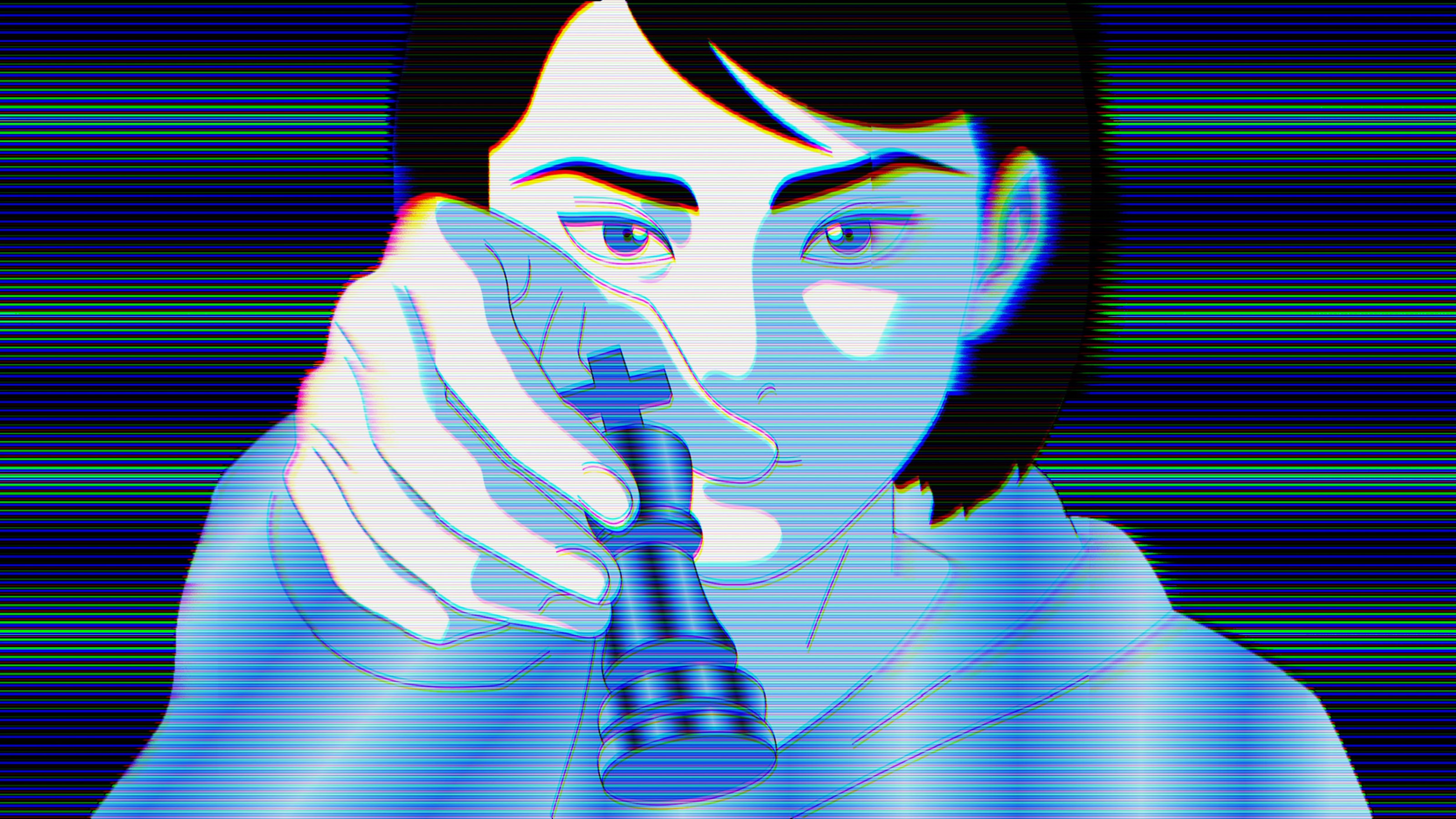 Stylized illustration of a person holding a chess piece, with a digital glitch effect and horizontal lines creating a blue-toned, distorted appearance.