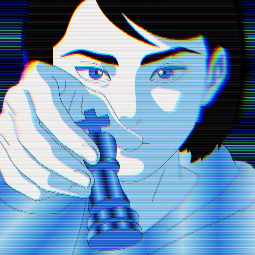 Stylized illustration of a person holding a chess piece, with a digital glitch effect and horizontal lines creating a blue-toned, distorted appearance.