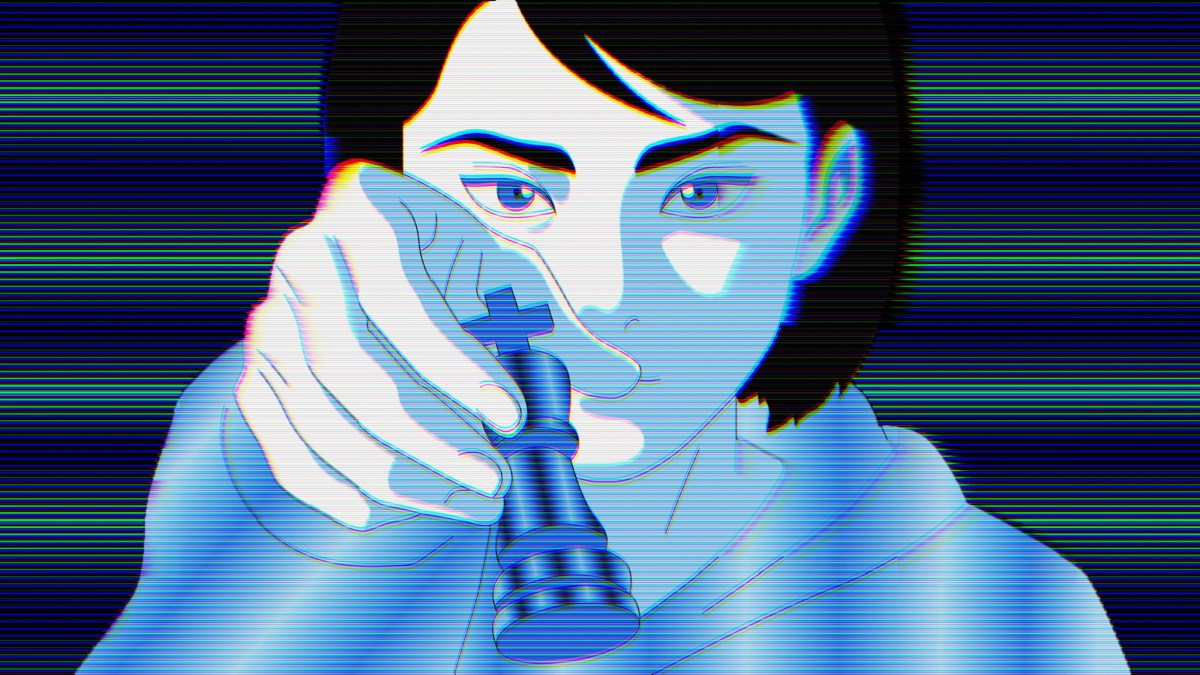 Stylized illustration of a person holding a chess piece, with a digital glitch effect and horizontal lines creating a blue-toned, distorted appearance.