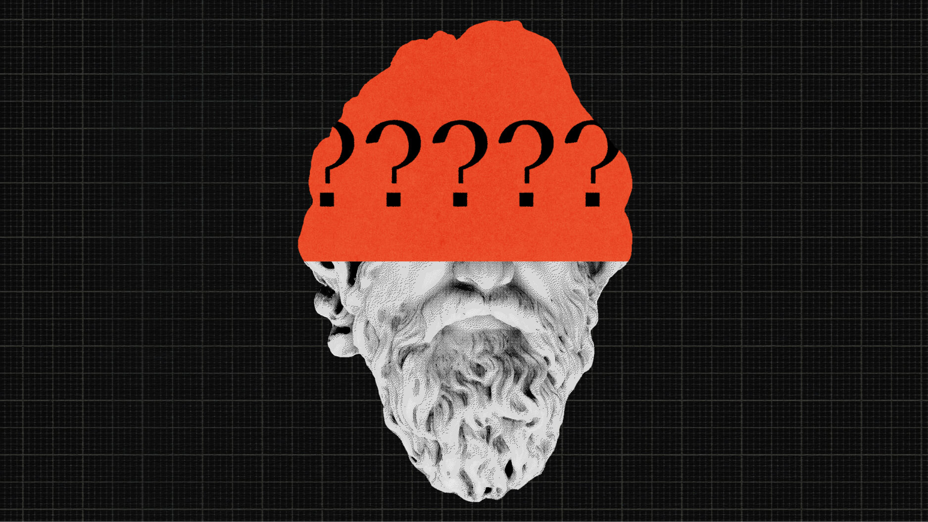 A stone bust of a bearded figure with an orange band across its forehead displaying several question marks.