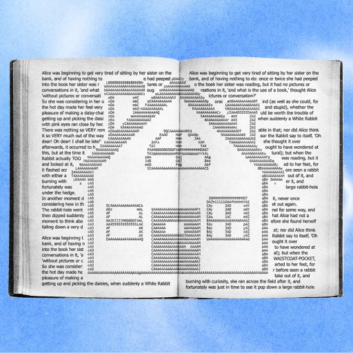 An open book with text artfully arranged to form a house and tree shape, set against a blue sky dotted with white swirls, celebrates the magic of books.