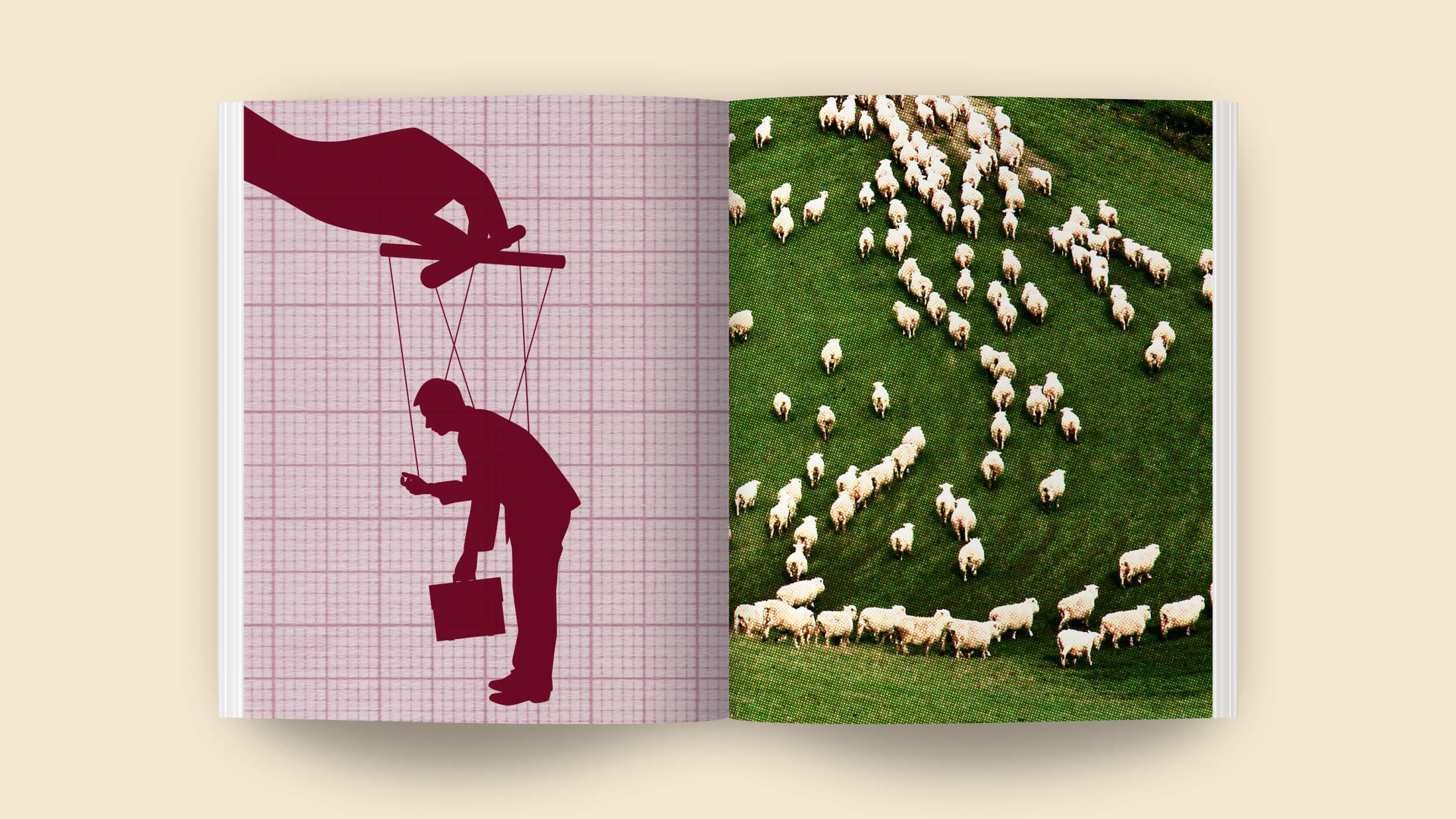 An open book reveals the art of smart manipulation: on the left page, a marionette illustration dances gracefully, while on the right, a flock of sheep grazes peacefully in a sunlit field.