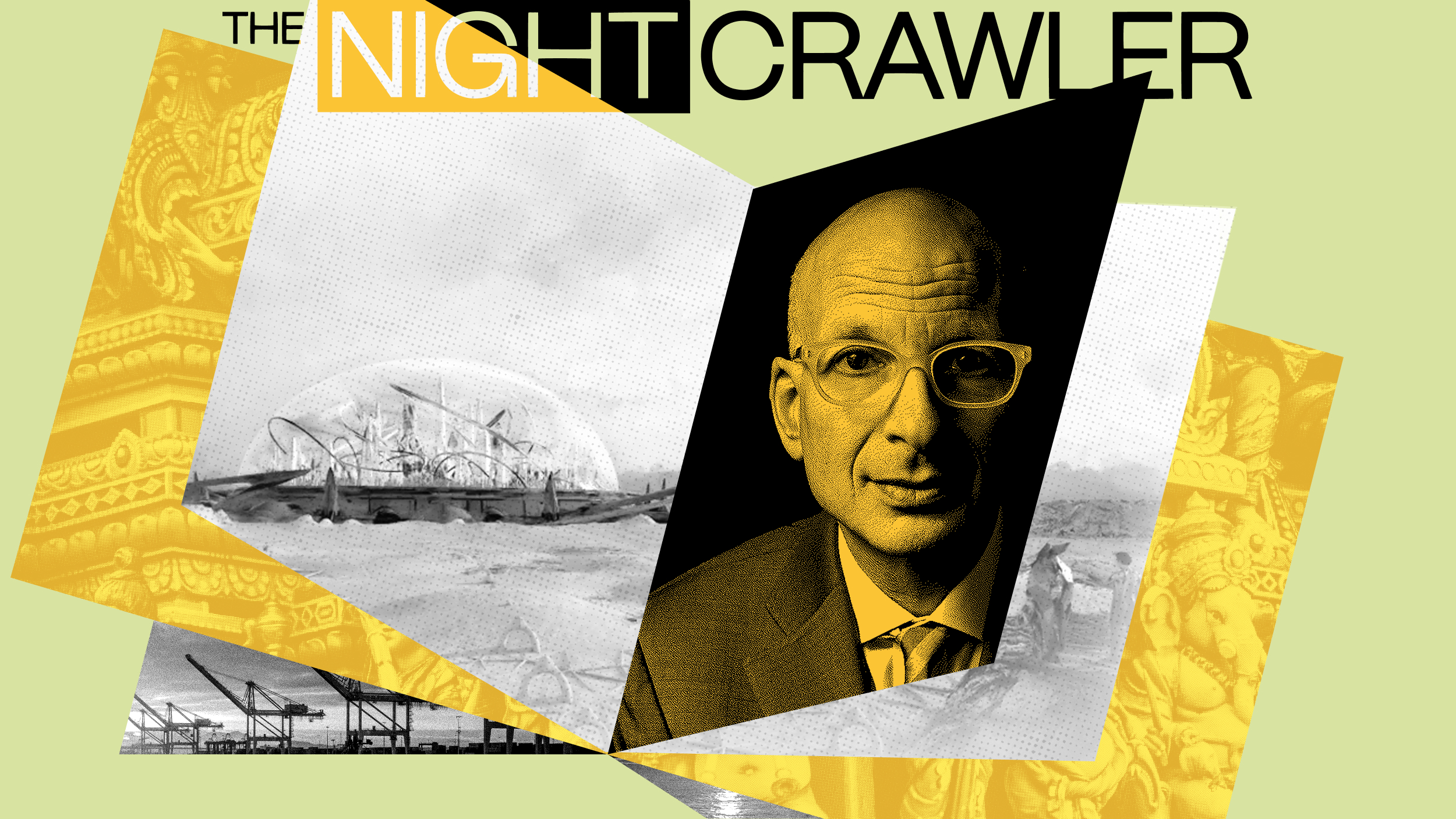 Collage featuring a man with glasses, reminiscent of Seth Godin, on a black and yellow background. Overlaid with images of architecture and industrial elements, this piece is titled "The Night Crawler.