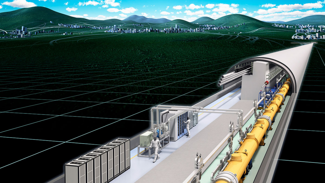 Illustration of a large particle accelerator facility underground, with scientists working and a city landscape above ground.