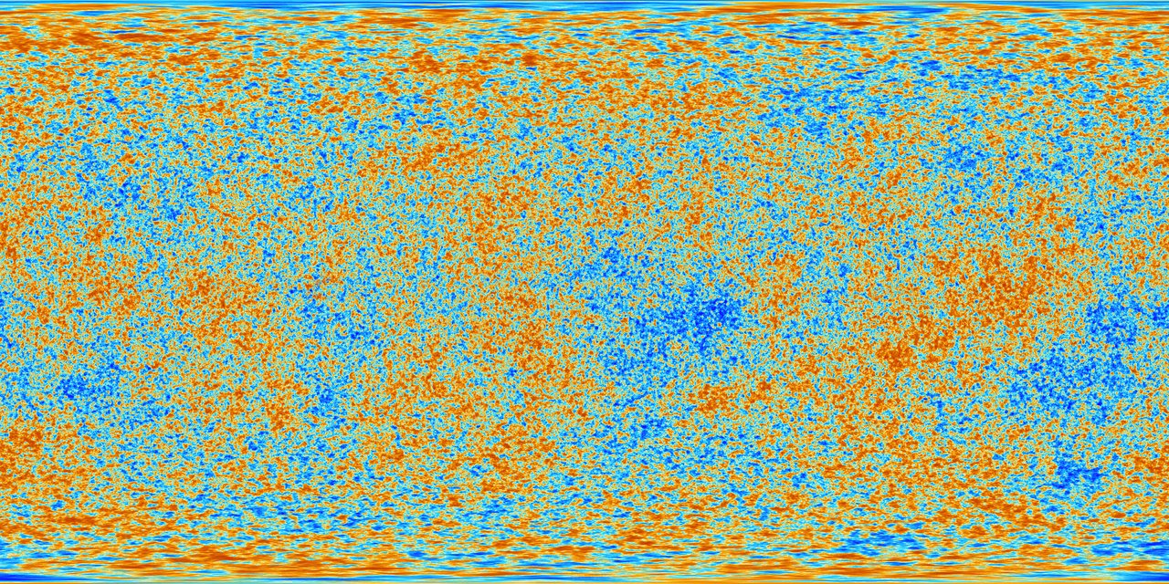 An oval, colorful map of the cosmic microwave background displays orange, blue, and yellow splotches representing temperature fluctuations.