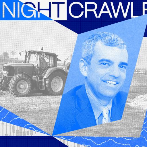 A collage with “The Nightcrawler” text, a grayscale photo of a tractor in a field, and a blue-tinted portrait of a man in a suit, layered on blue backgrounds with chart graphics that hint at long-term investing trends.