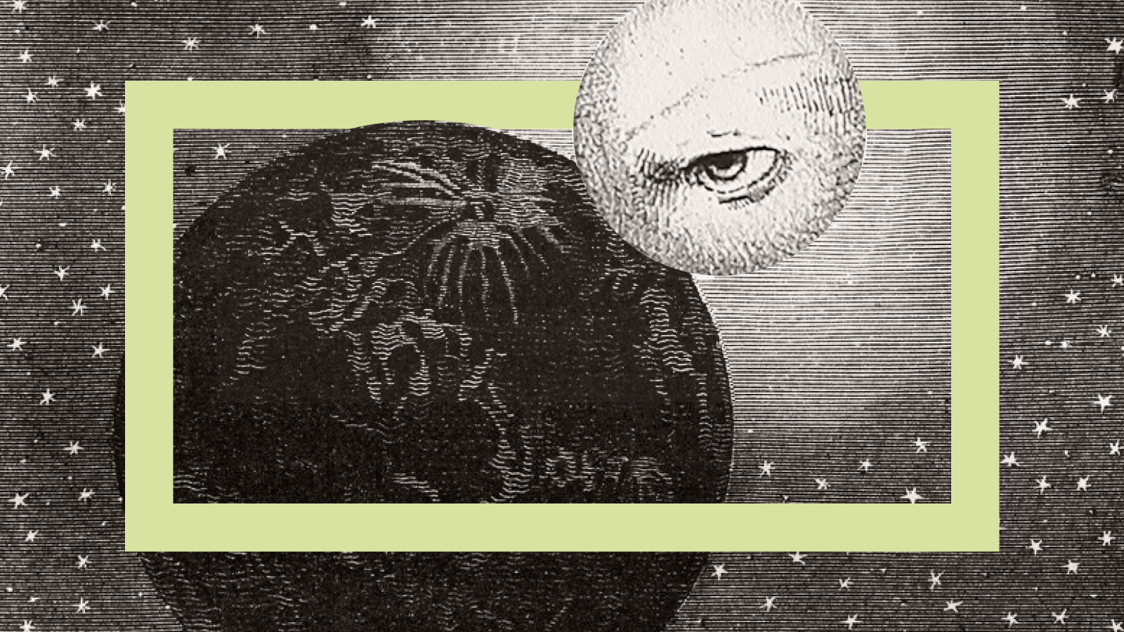 A vintage-style illustration of a celestial scene, echoing science fiction by scientists, features a textured black planet and a whimsical moon with an eye, all enclosed in a pale green border against a starry background.
