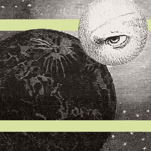 A vintage-style illustration of a celestial scene, echoing science fiction by scientists, features a textured black planet and a whimsical moon with an eye, all enclosed in a pale green border against a starry background.