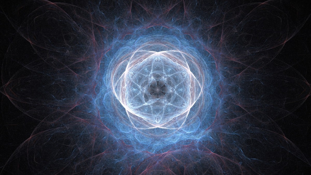Abstract image featuring a luminous, symmetrical pattern of blue and white swirling lines against a dark background, resembling a cosmic or nebula-like formation.