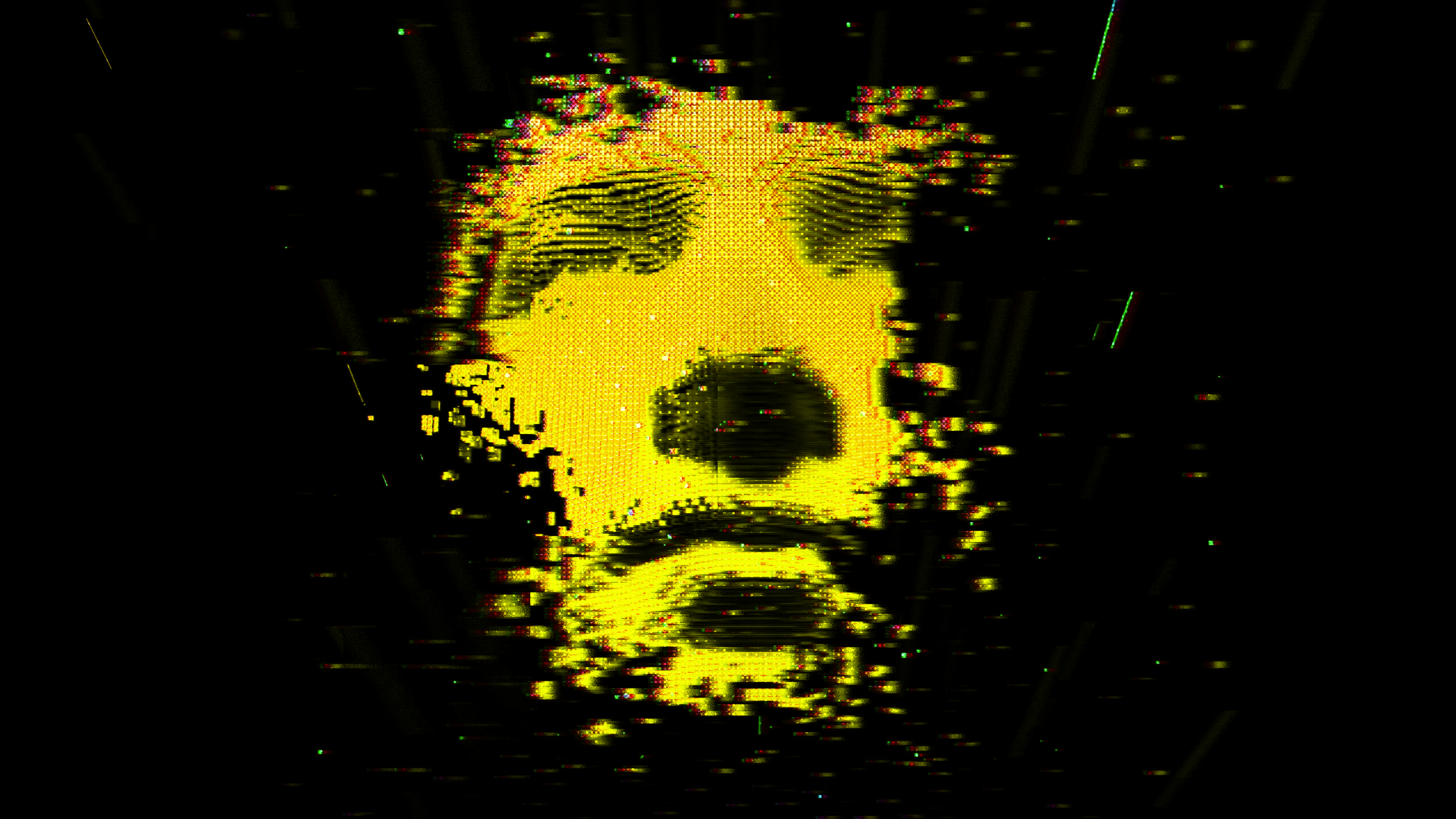 A digital, pixelated yellow face on a black background, giving the impression it's dissolving or glitching.