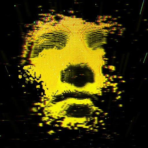 A digital, pixelated yellow face on a black background, giving the impression it's dissolving or glitching.