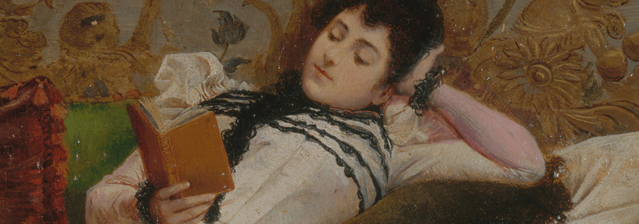 A woman in Victorian-era clothing reclines on a sofa, reading a small book with an ornate patterned background behind her.