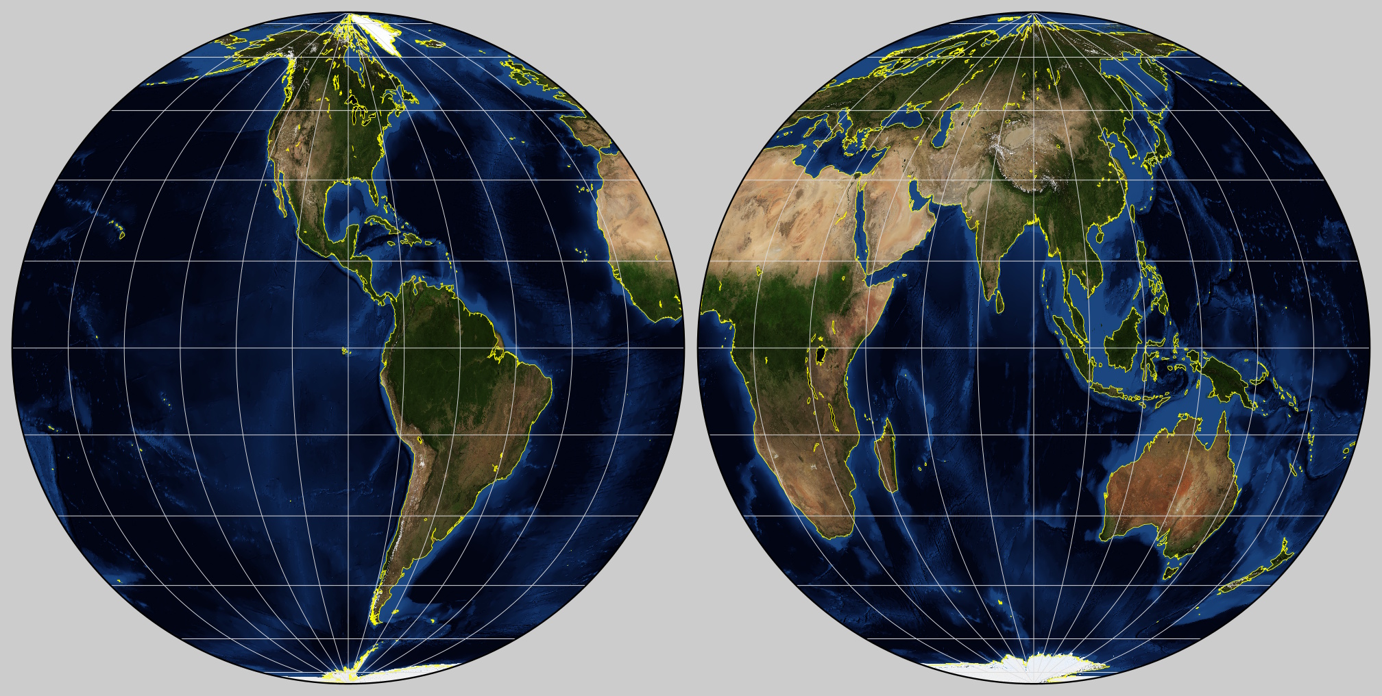 An elegant double hemisphere map, set against a cosmos-inspired backdrop, displays Earth's continents and oceans in stunning detail, emphasizing the Western and Eastern Hemispheres with its blue ocean expanse and verdant landmasses.