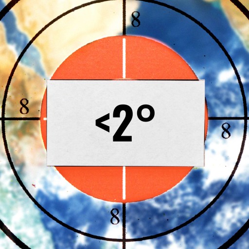 Target symbol over a world map with a central orange circle displaying "< 2°", surrounded by numbers on concentric circles.