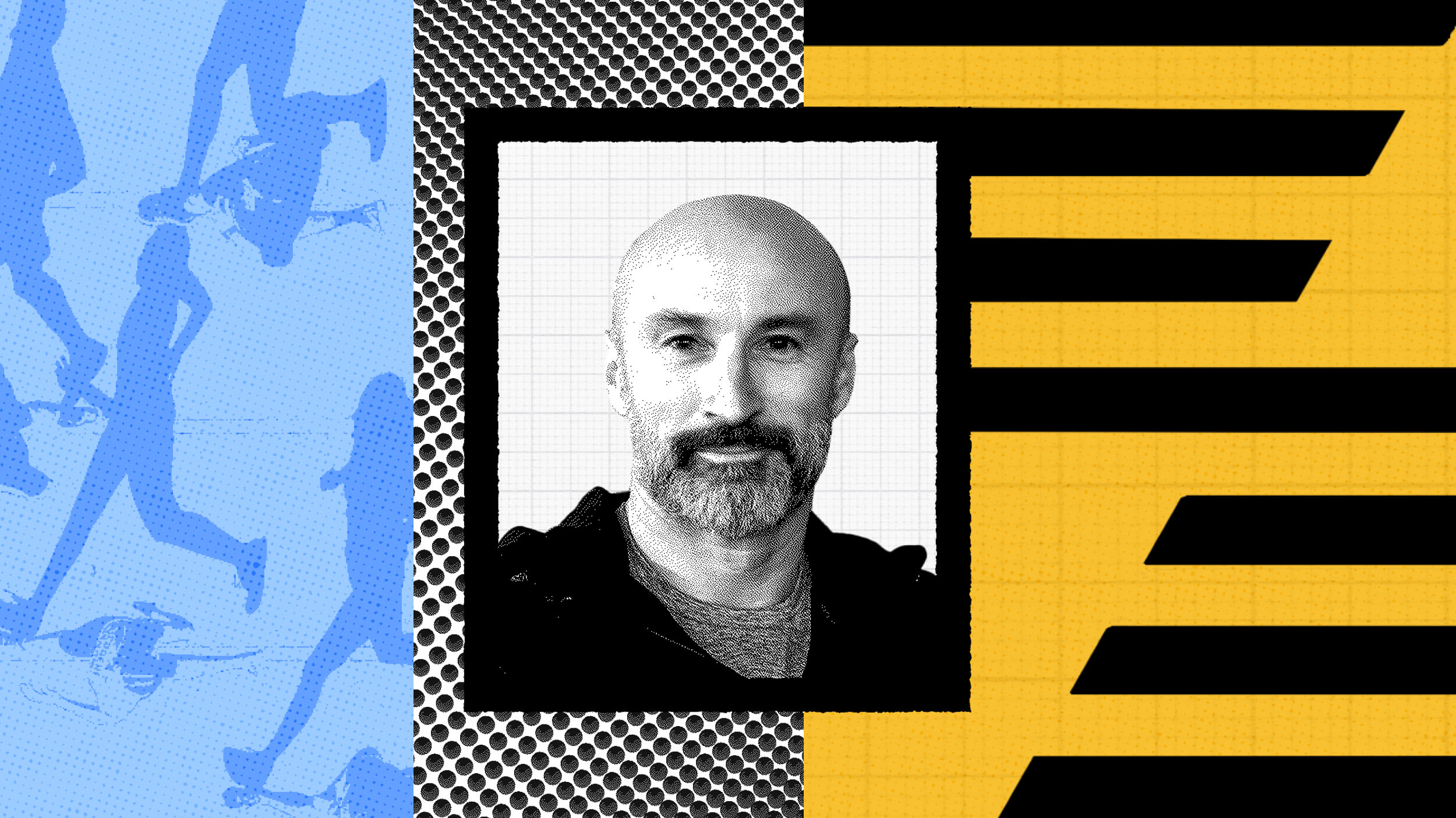A black and white photo of a bald man with a beard, reminiscent of a Christian Toetzke interview, is centered against a colorful abstract background featuring blue, yellow, and black geometric patterns.