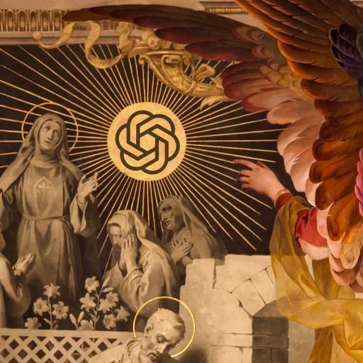 A mural shows an angel pointing toward a golden emblem, with rays emanating. Monks stand in reverence below, surrounded by flowers and architectural details.