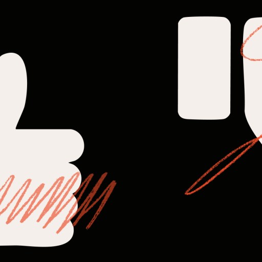 Illustration of a thumbs up and thumbs down, resembling a like button and dislike button, on a black background, both partially covered with red scribble marks.