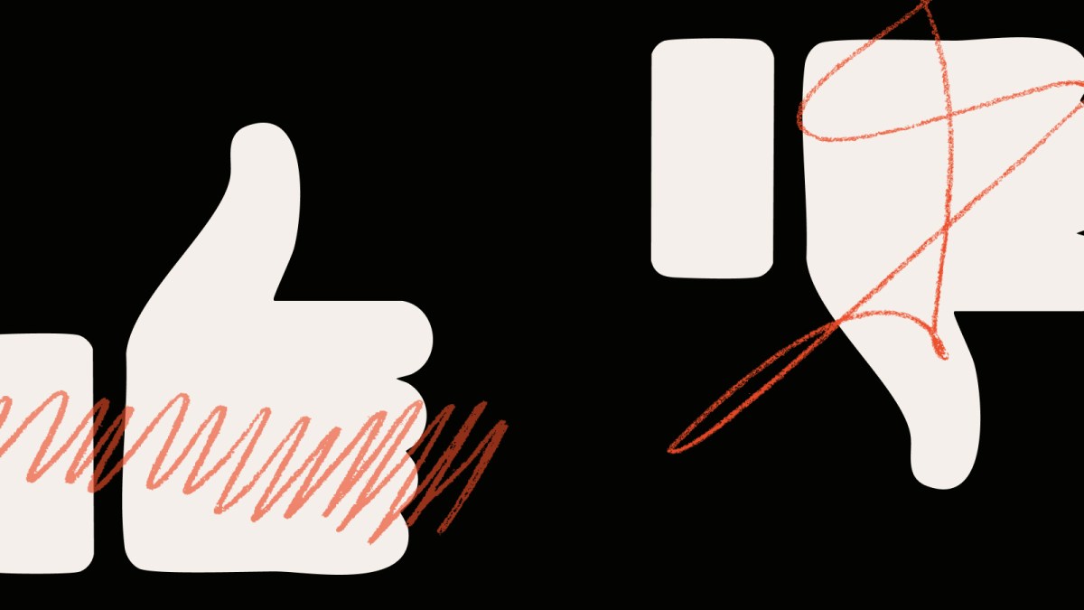 Illustration of a thumbs up and thumbs down, resembling a like button and dislike button, on a black background, both partially covered with red scribble marks.