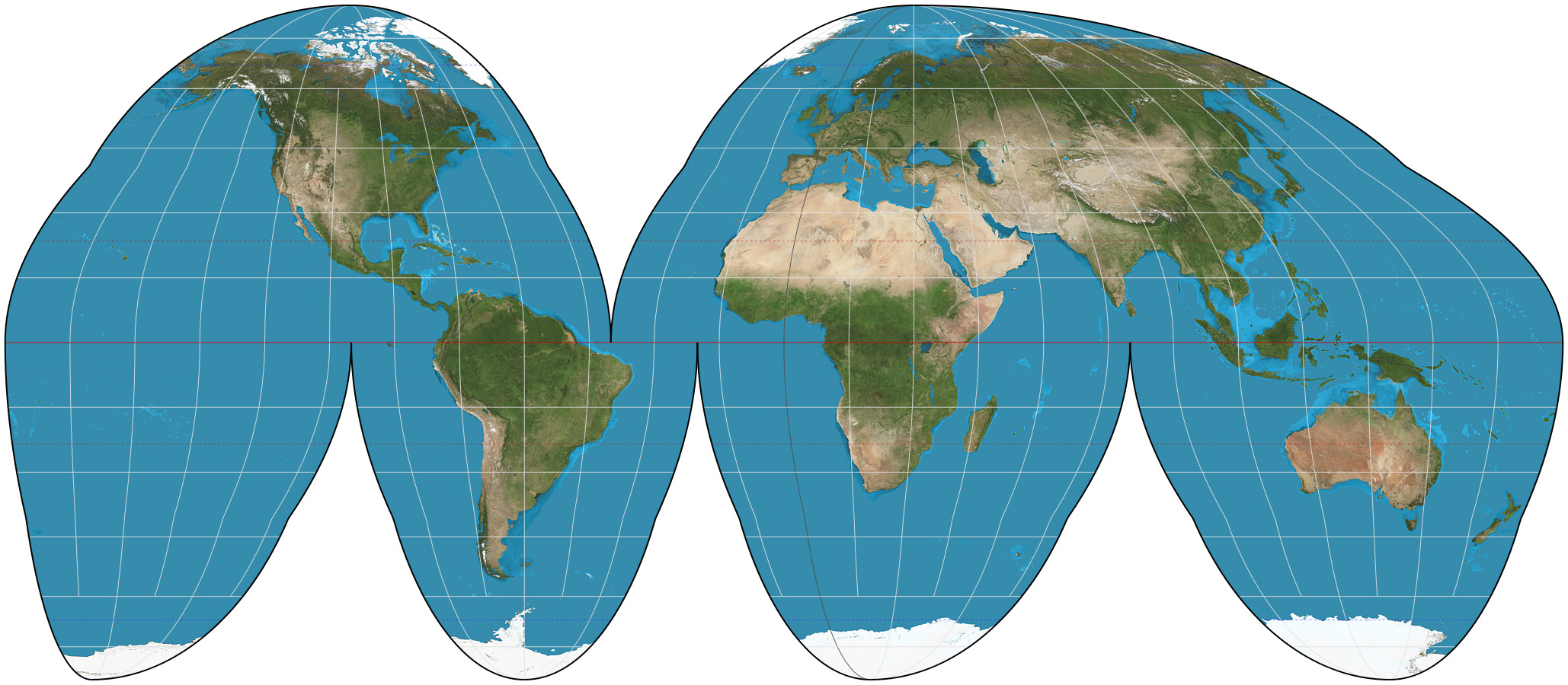An oval map projection offers a double-lobed, interrupted view of Earth's continents, seamlessly blending land masses and oceans on a cosmic scale.