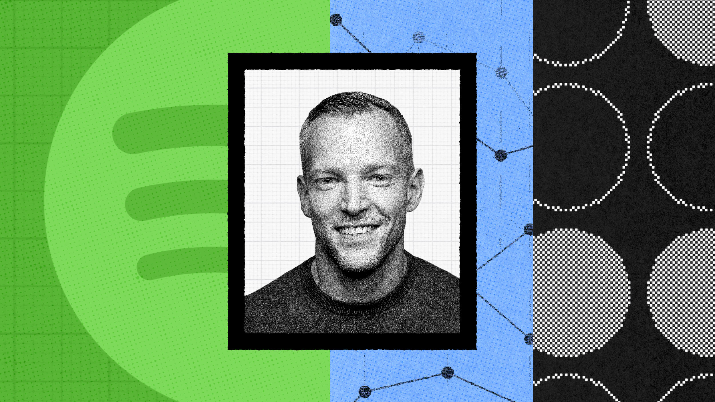 A smiling person in a black and white photo is set against a vibrant, Spotify-themed background with abstract patterns and shapes.