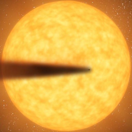 A glowing orange planet casts a shadow in space amid a backdrop of stars.