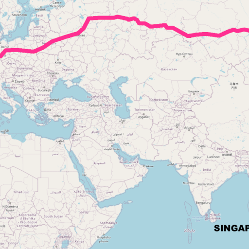 Map showing a pink route line from Lagos, Nigeria to Singapore, crossing Europe and Asia. Lagos and Singapore are labeled with bold text and marked with colored dots.