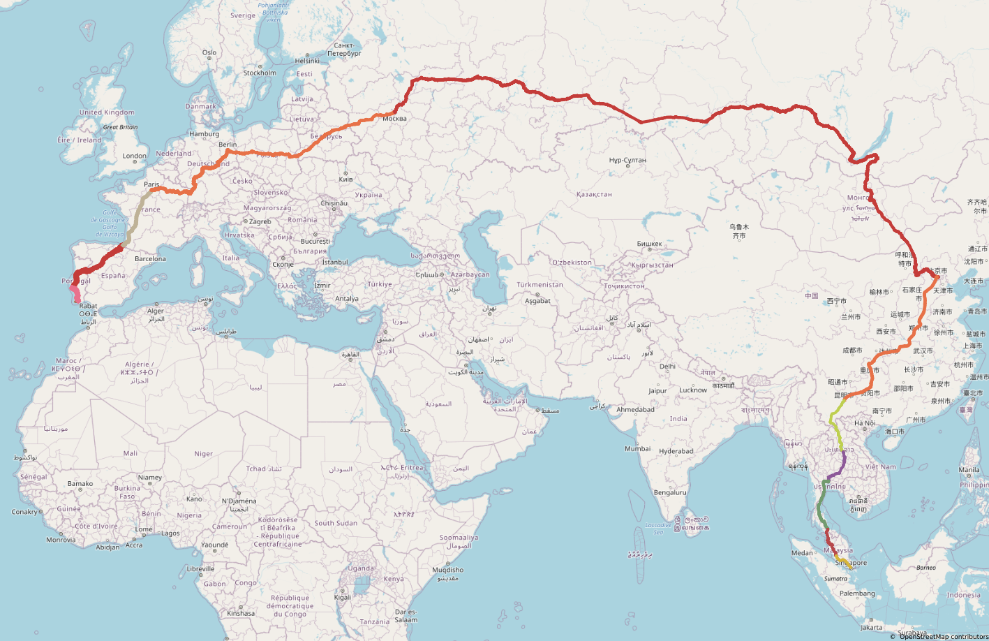 A map showing a highlighted route stretching from Portugal in Western Europe across Russia to eastern China, then south through Southeast Asia, ending in Singapore.