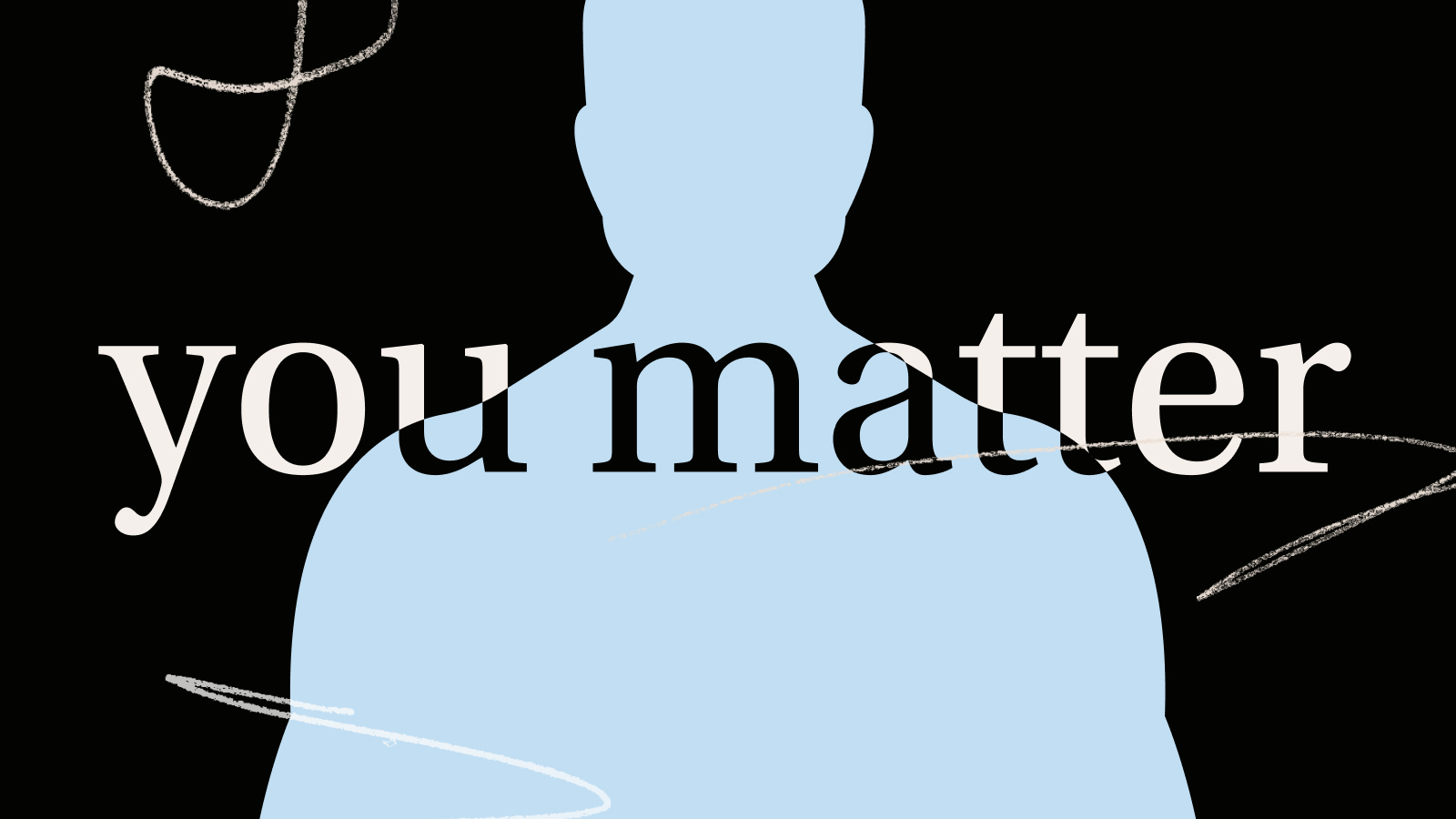 Silhouette of a person with the words "you matter" overlaid in large, bold letters on a dark background with abstract white lines, inspiring team esteem.