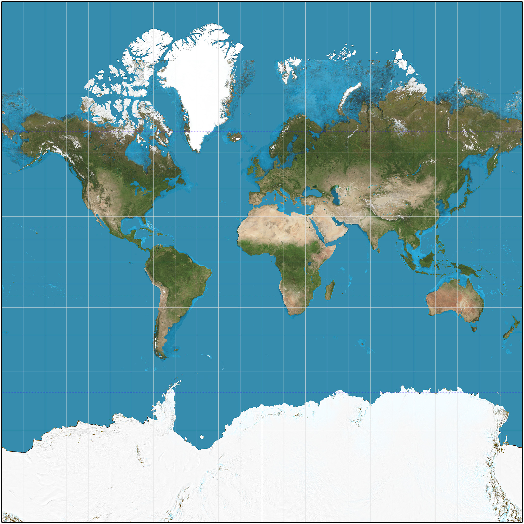 A Mercator projection map, akin to an intricately sketched cosmos, displays continents and oceans with Greenland and Antarctica prominently distorted at the poles.