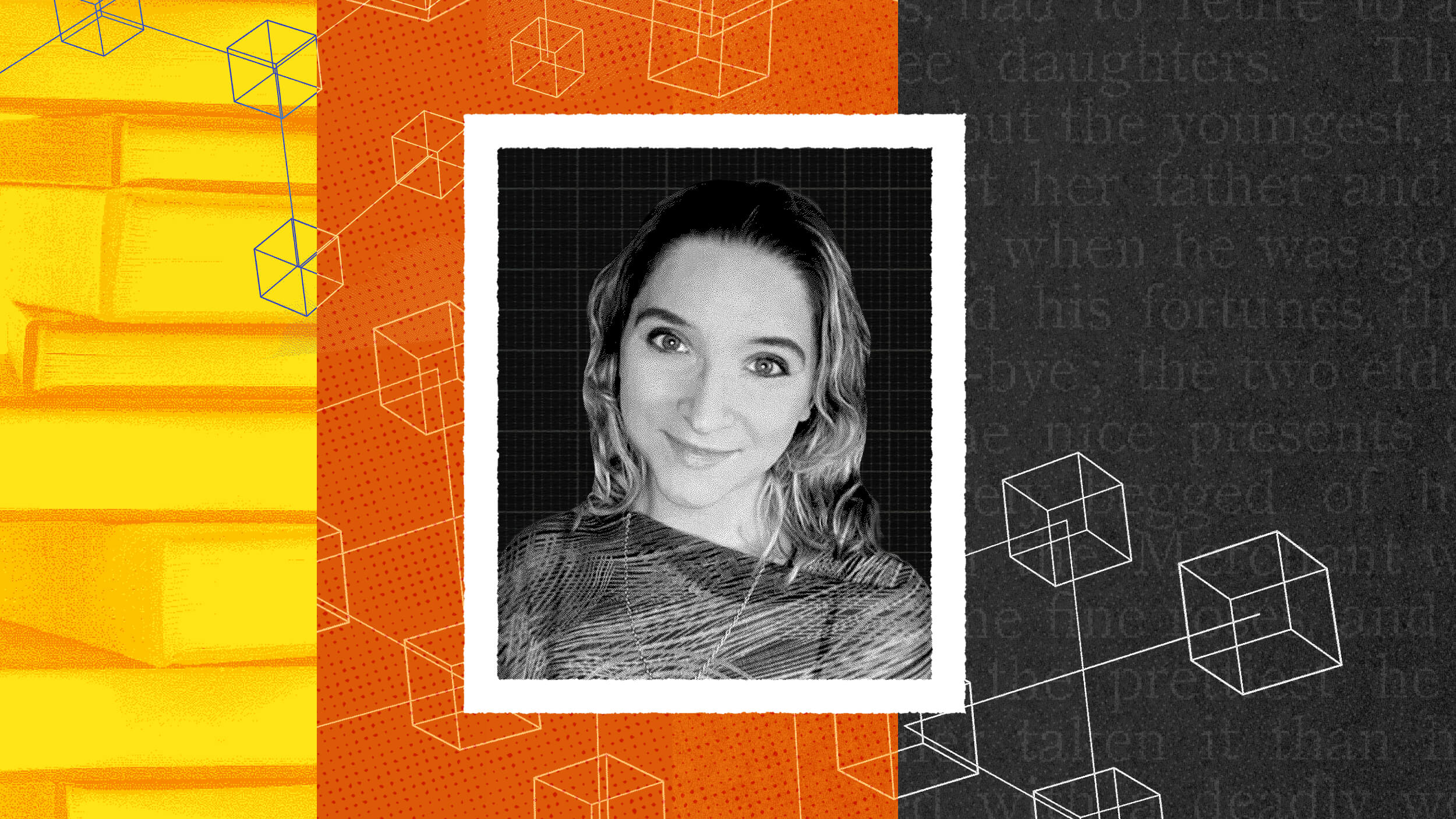 A woman's black and white portrait is centered, crafted by AI creators. An abstract geometric background with orange, black, and yellow segments featuring cube patterns surrounds the photo.