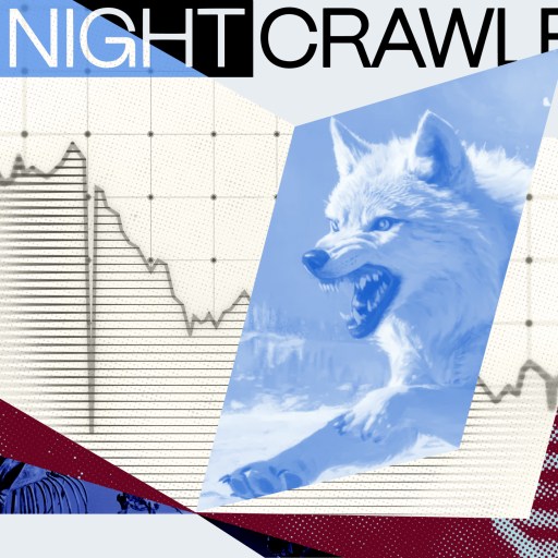 Collage of a snarling wolf, a stock market graph, and abstract shapes, overlaid with the bold text "The Night Crawler" hints at de-extinction possibilities.