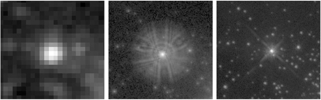 Three images of a star: pixelated, one with diffraction spikes, and another showcasing a bright glare surrounded by smaller stars. This collection captures what NASA considers among the most important images in history for understanding stellar phenomena.
